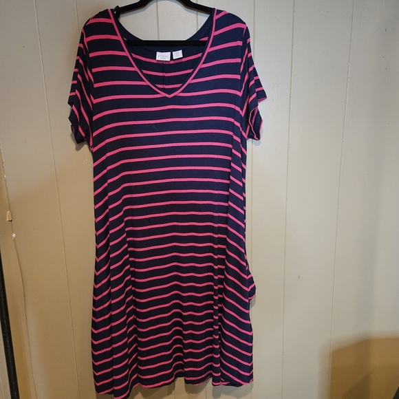 Kenar Sweaters - Kenar Navy & Hot Pink Striped Knit Dress Women’s 1X | Soft Stretch